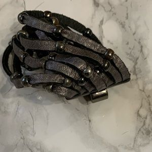 Gray leather & beaded cuff